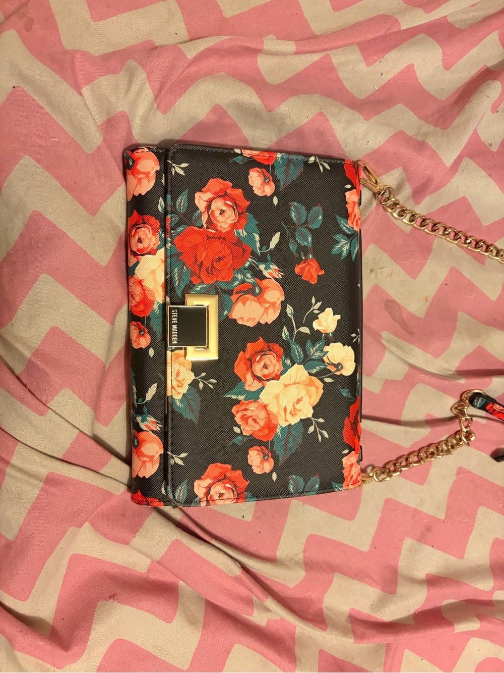 Steve Madden Black Floral Crossbody with Gold Chain